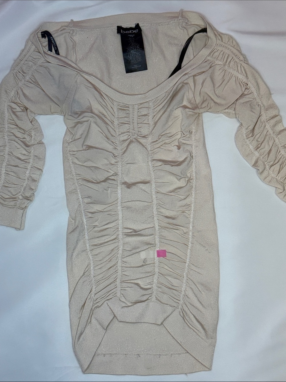 bebe Ruched off-Shoulder Knit Top in Light Beige